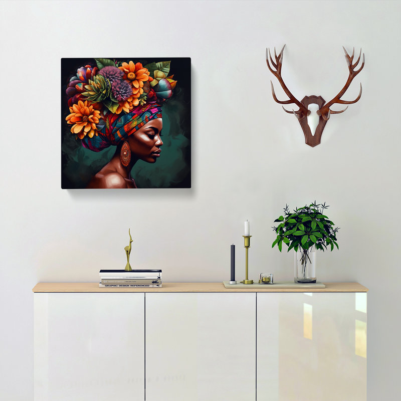 African Woman Floral Art No.3 - No Frame Print, 35cm H x 35cm W x 3cm D