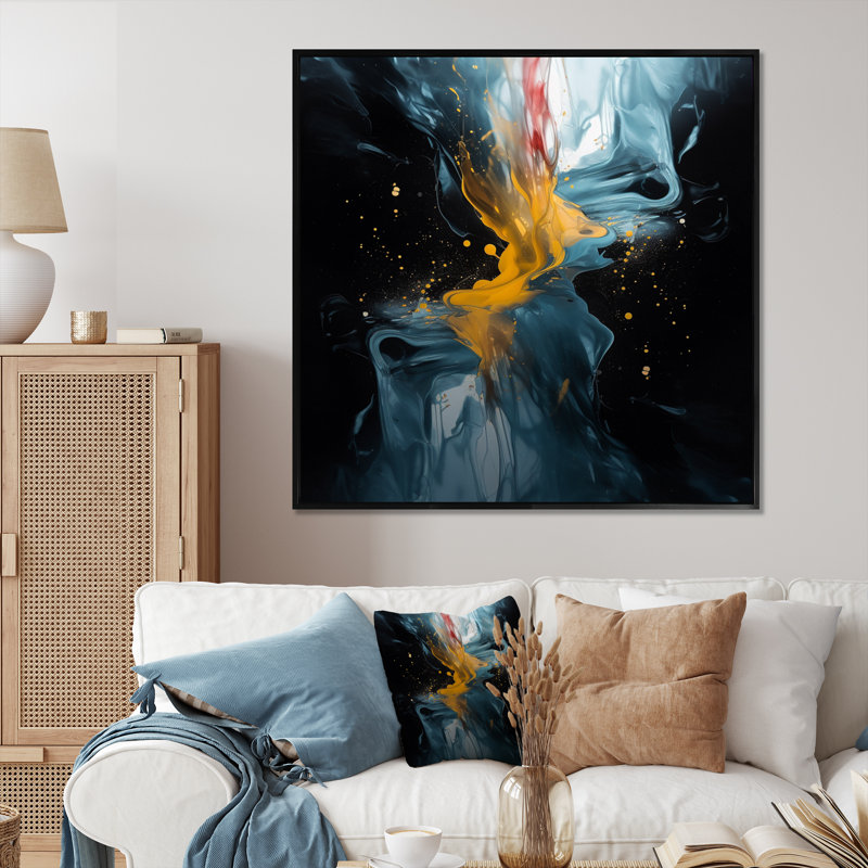 «Jindalee Yellow and Blue Reimagined Realities», reproduction d'art sur toile, Cadre photo noir, H 16 po x l 16 po x P 1 po