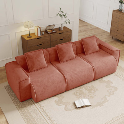 Streamlined French Edge Piping Modular 3-Seat Velvet Boneless Sofa with Throw Pillows