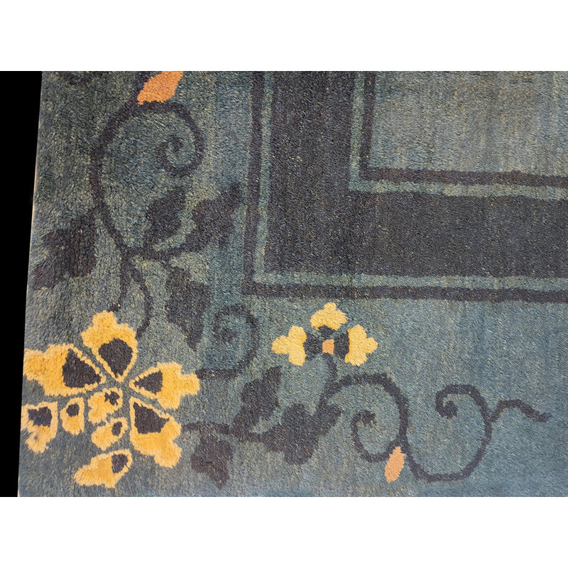 Hand Knotted Pile Blue Rectangle 1930s Wool Antique Floral Rug