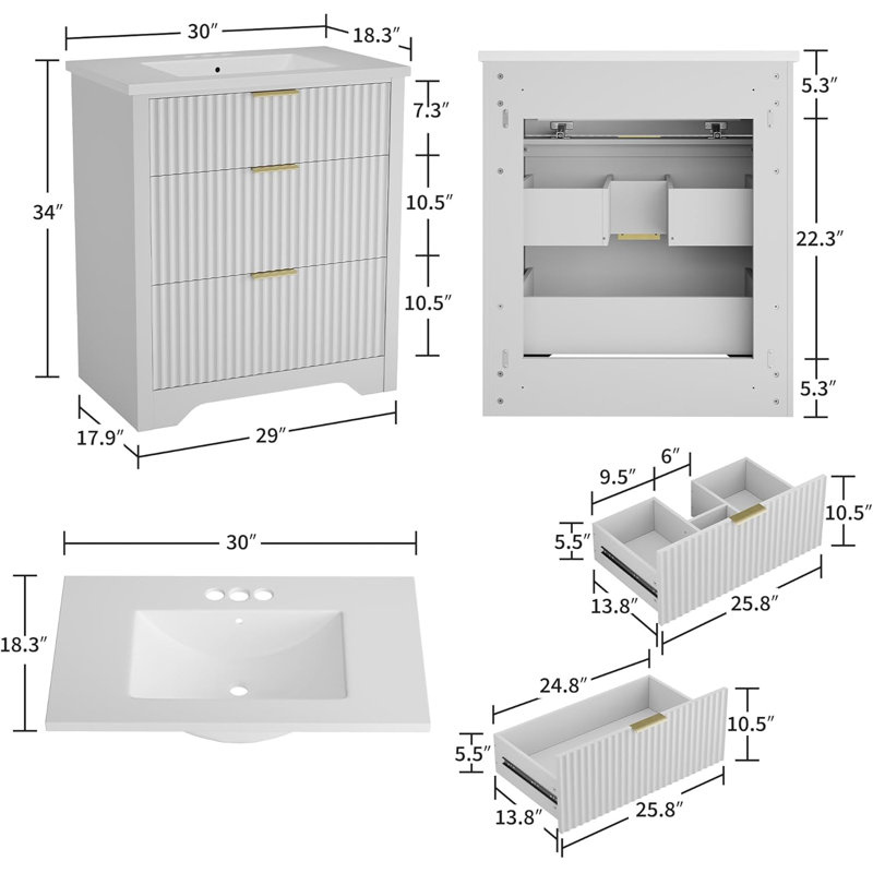 30" Fluted Bathroom Vanity with Sink, Farmhouse Freestanding Vanity Cabinet with 2 Drawers & Flip Drawer, Easy Clean, White