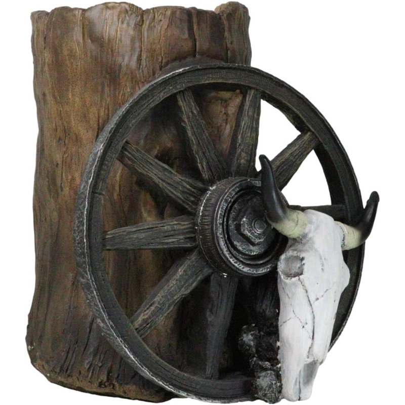 Rustic Western Cow Skull Wagon Wheel By Tree Trunk Decorative Planter Or Vase
