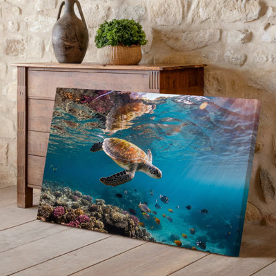 Toile, scène sereine sous-marine avec une tortue de mer gracieuse, art mural à travers des eaux turquoise cristallines entourées d'art sur toile