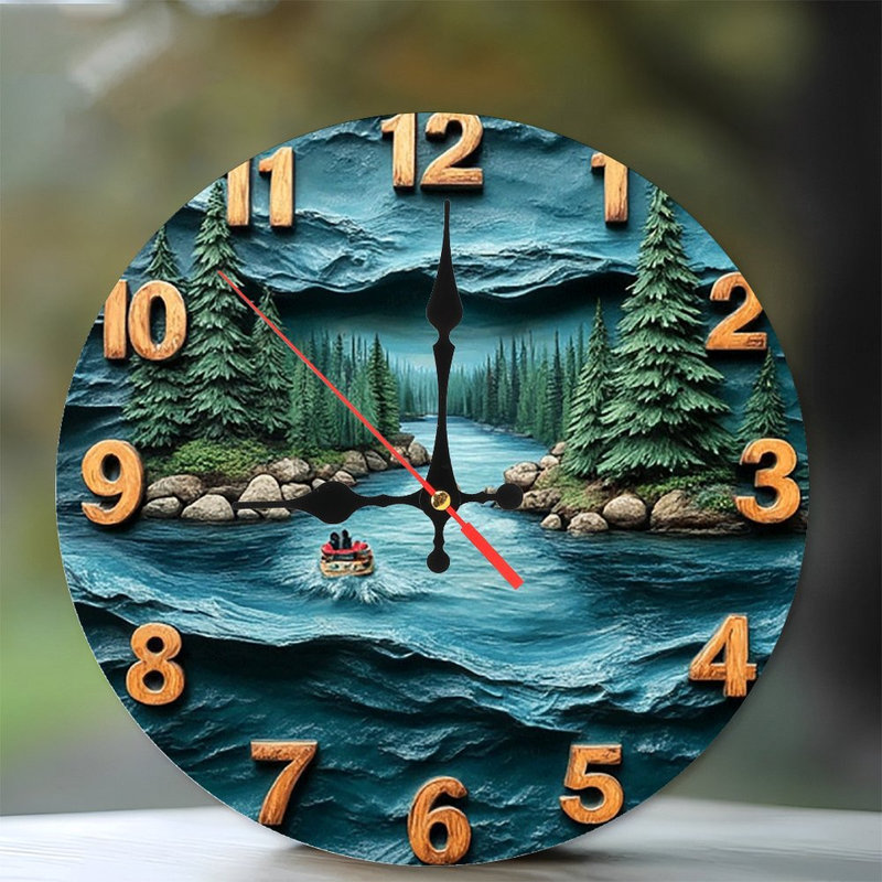 River Scene Wall Clock Wood Carving