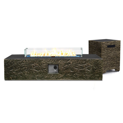 56-Inch Rectangular Concrete Propane Fire Pit Table with Tank Cover and Wind Guard,Vintage Bronze