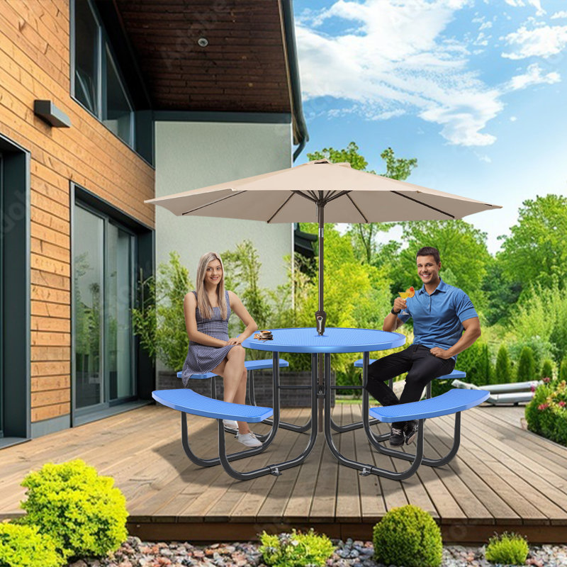 Klarrissa 8-Person 46" Round Metal Outdoor Picnic Table, Blue