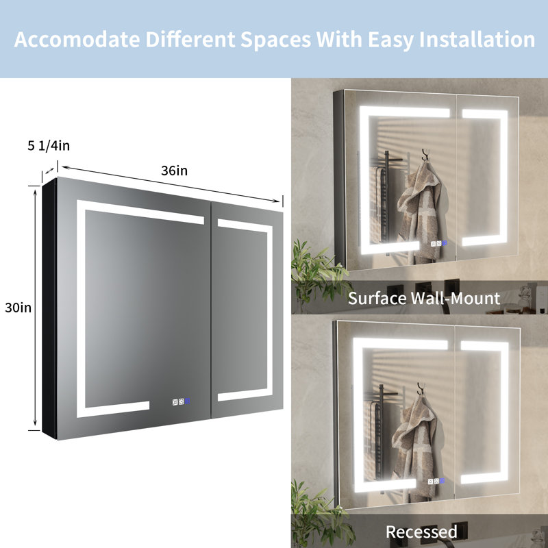 36 X 30 Inch Recessed or Surface Mount Frameless 2 Door Medicine Cabinet with 2 Adjustable Shelves, Matte Black
