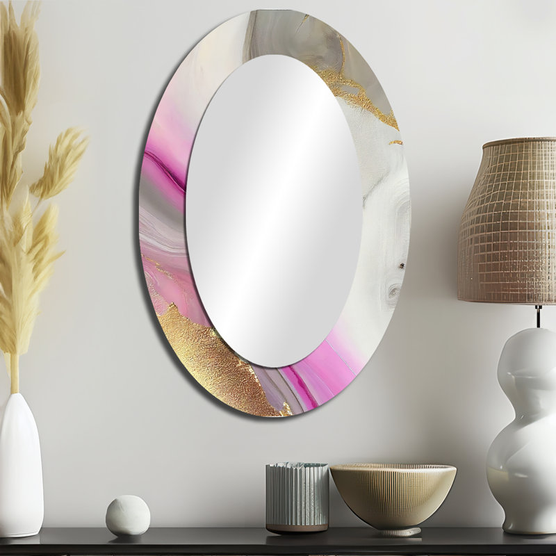 Pink And Gold Marble Abstract II - Pink Modern Oval Wall Mirror, 36" x 24"