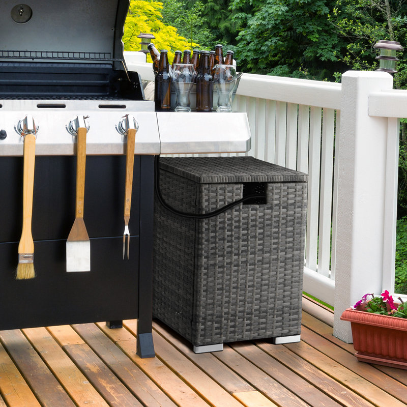 Patio Gray Wicker Side Table With Propane Tank, Gray