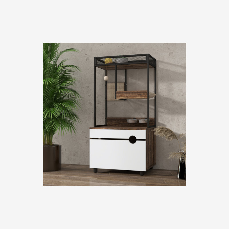Multi-Function Cat Litter Box Fence with Cat Tree, Feeding Station and Scratching Pad, 48.03'' H x 23.62'' W x 18.90'' D