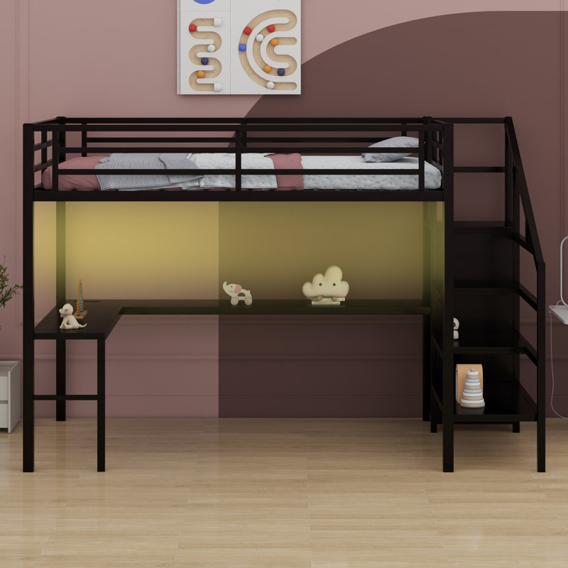 Metal Loft Bed With L-Shaped Desk And USB, Wardrobe And  Shelf, High Loft Bed With LED For Kids Teens Adults, Black, Queen