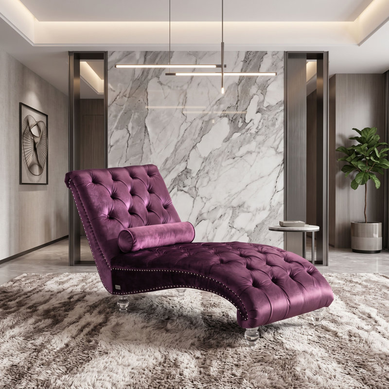 Chaise longue en velours capitonnée avec pieds et coussin en acrylique, Mauve