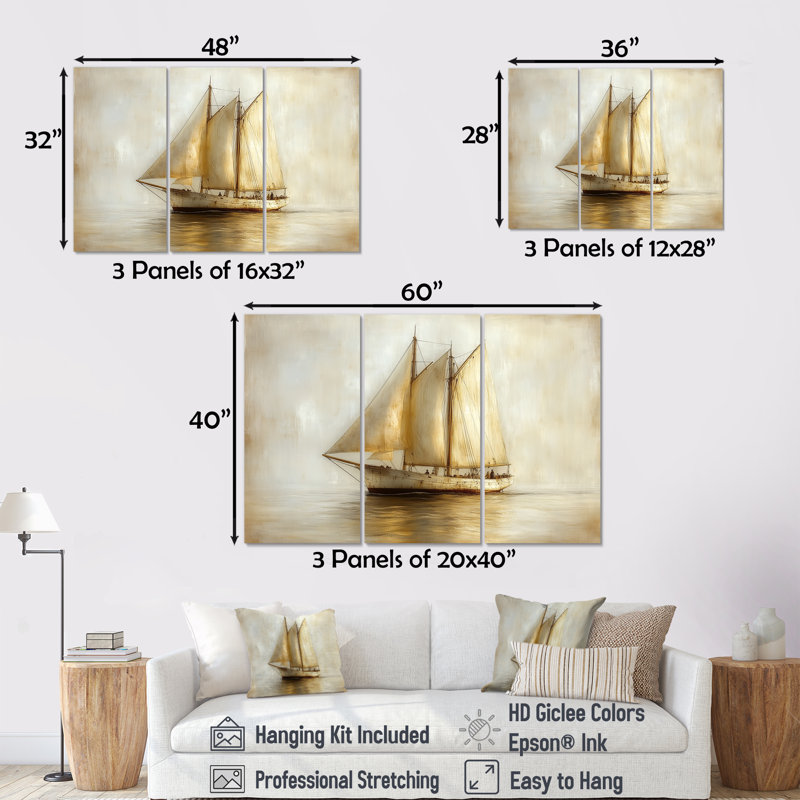 Ensemble de décorations murales bateau à voile blanc Aegean Greek Trireme, Toile tendue, H 28 po x l 36 po x P 1 po