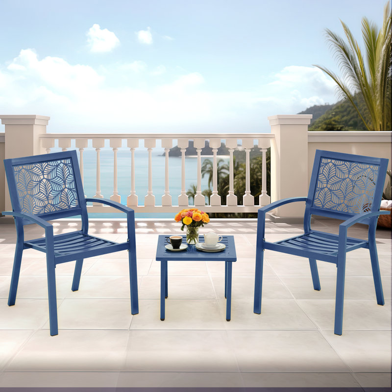 Outdoor Bistro Set 3 Piece Set - Comfortable Metal Patio Chairs And Small Table, Floral Back Design, Waterproof, Uv Resistant For Porch, Balcony, Garden, Backyard, Poolside