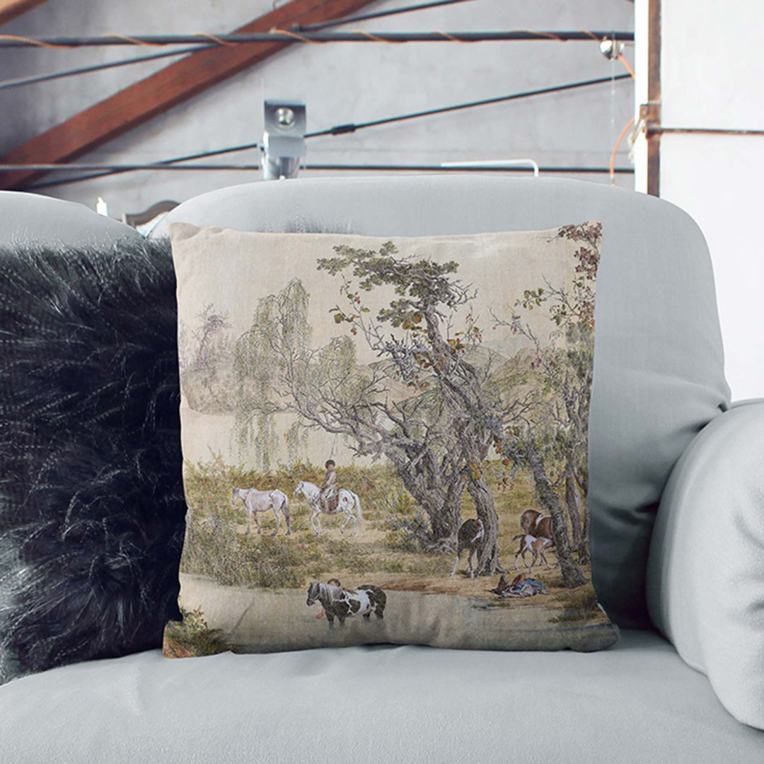 Horses by the Stream by Lang Shining Cushion with Filling