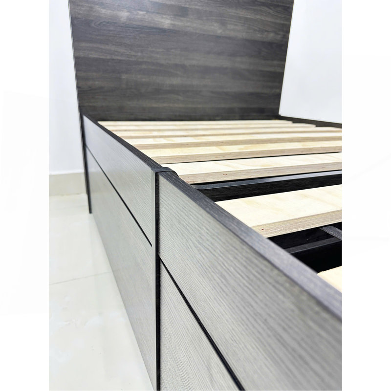 Lit simple avec rangement et 1 table de chevet gris foncé Robin