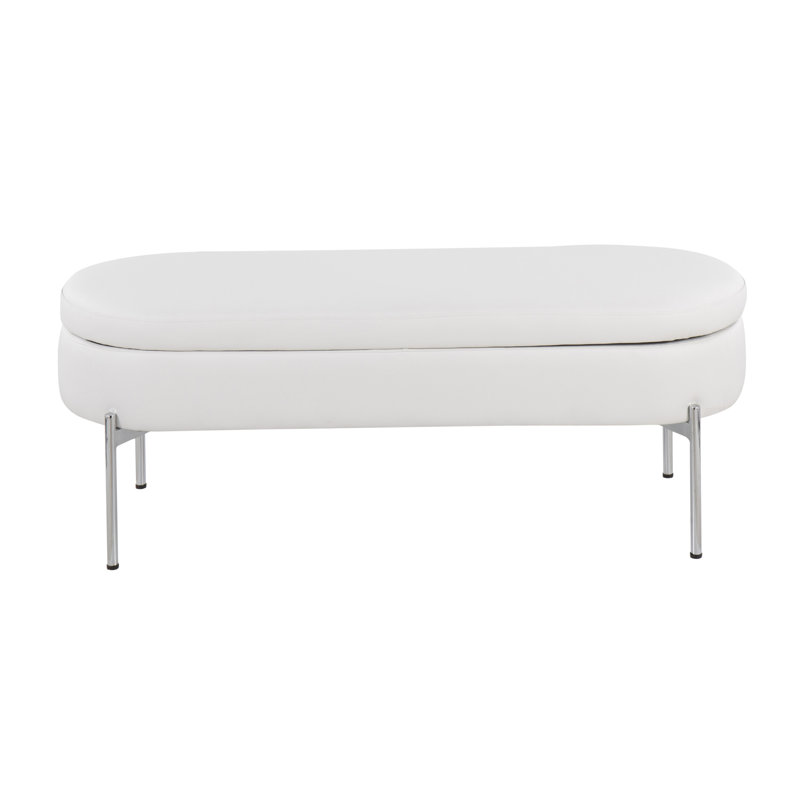Faux Leather Upholstered Storage Bench, White/Chrome