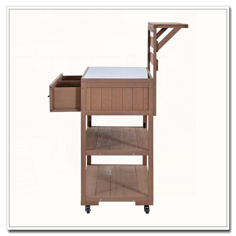 Chariot de cuisine en bois massif avec plateau en acier inoxydable 62,3 po, Brun