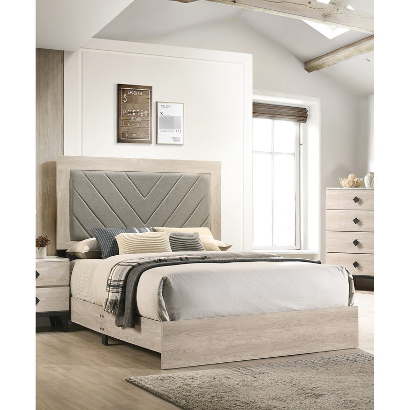 Lit contemporain - tête de lit tapissier et sommier tapissier requis, Crème/gris, Grand lit