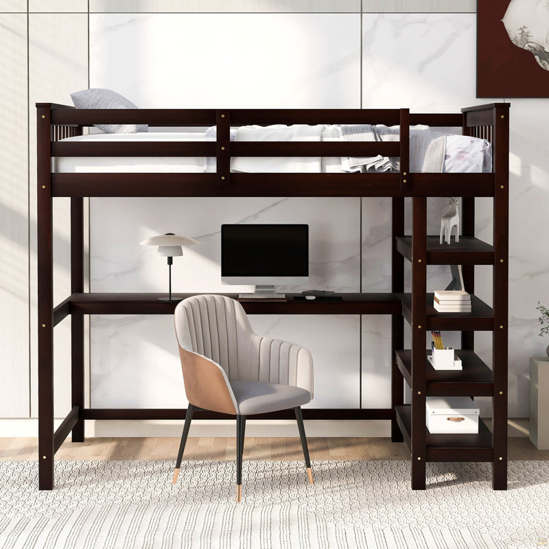 Lit mezzanine simple avec tablettes de rangement et bureau sous le lit, Espresso