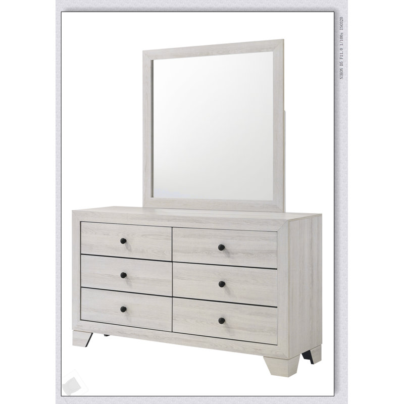 Commode de rangement rustique en bois à six tiroirs avec finition blanche délavée, parfaite pour les chambres à coucher organisées et élégantes