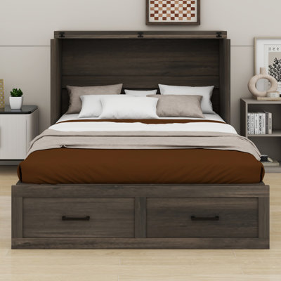 Murphy Cabinet Bed With Charging Station, Foldable Platform Bed With Large Storage Drawer