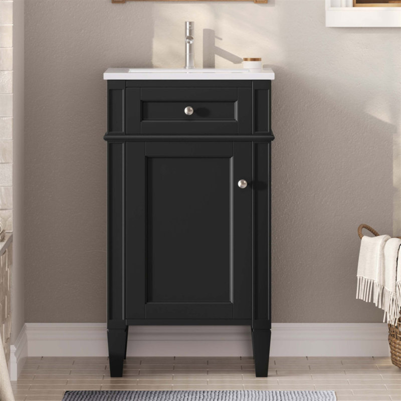 Ensemble de meuble-lavabo autoportant de 18 po avec lavabo en céramique, ensemble de meuble-lavabo simple autoportant avec porte à fermeture douce, tablette réglable, style français, pieds pleins