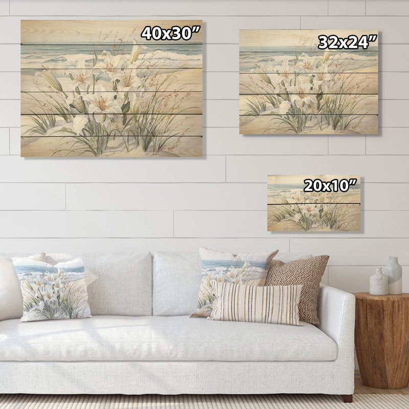 Gloire de lys sur la plage - lys, art mural sur bois de pin naturel, H 10 po x l 20 po