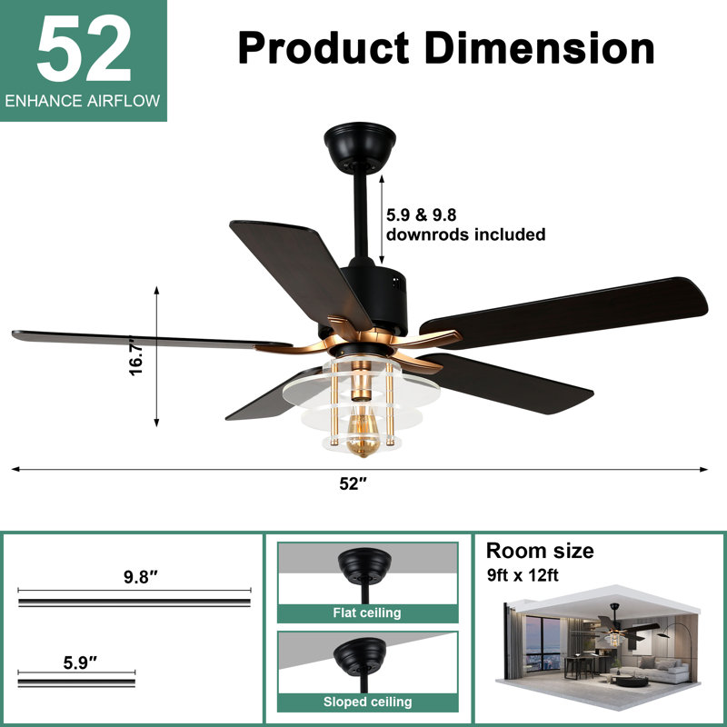 52 Inch Farmhouse Caged 6 Speed Reversible DC Motor Ceiling Fan With Light For Living Room, Black