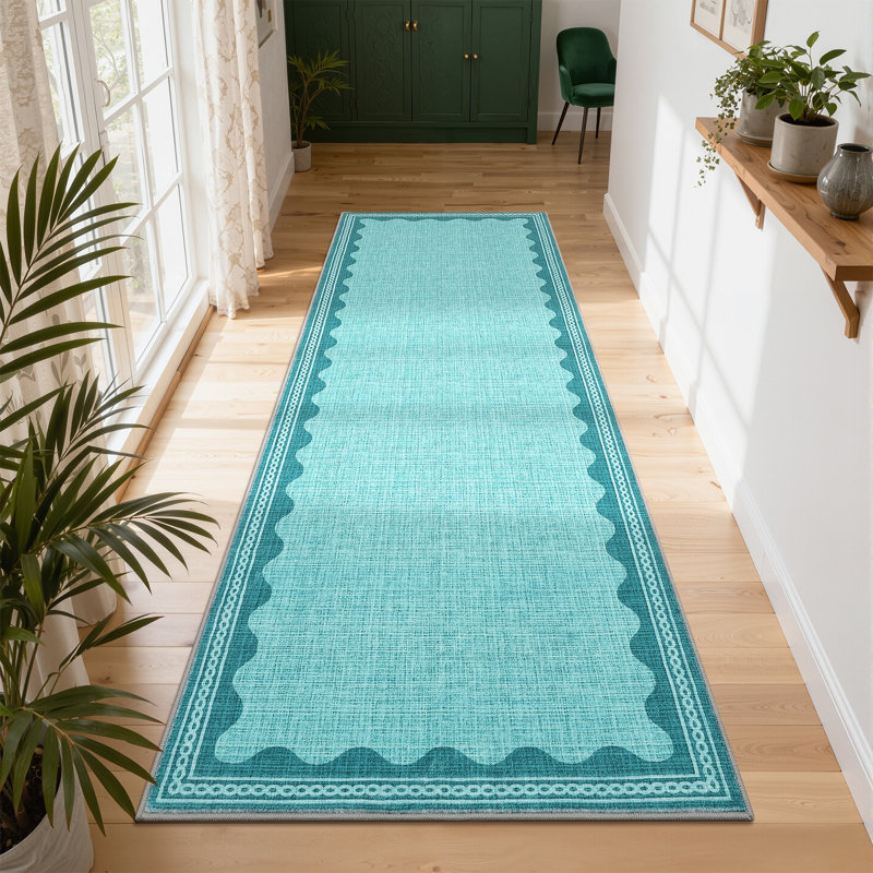 Tapis festonné et lavable pour tapis de chambre à coucher moderne, Sarcelle, Tapis de couloir 2 pi 6 po x 8 pi