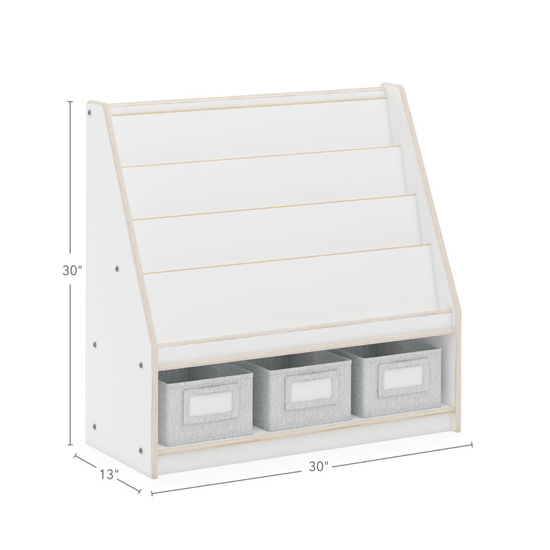 White Wooden Kids Book and Bin Display with Storage Bins