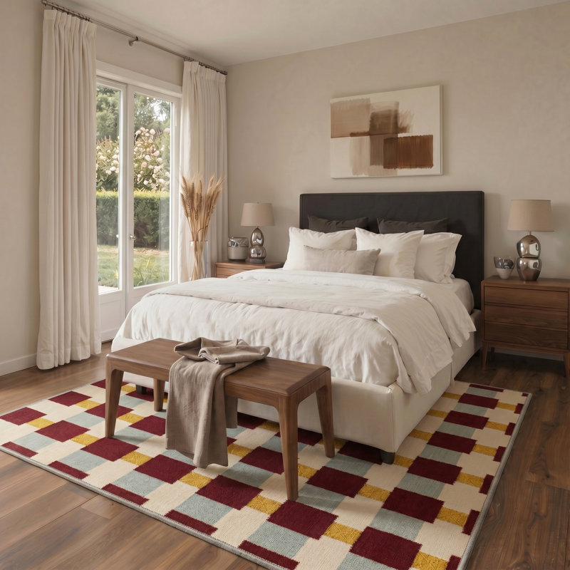 Tapis intérieur beige / jaune / rouge lavable à la machine avec envers antidérapant Ahn Basketweave, Rond 5 pi