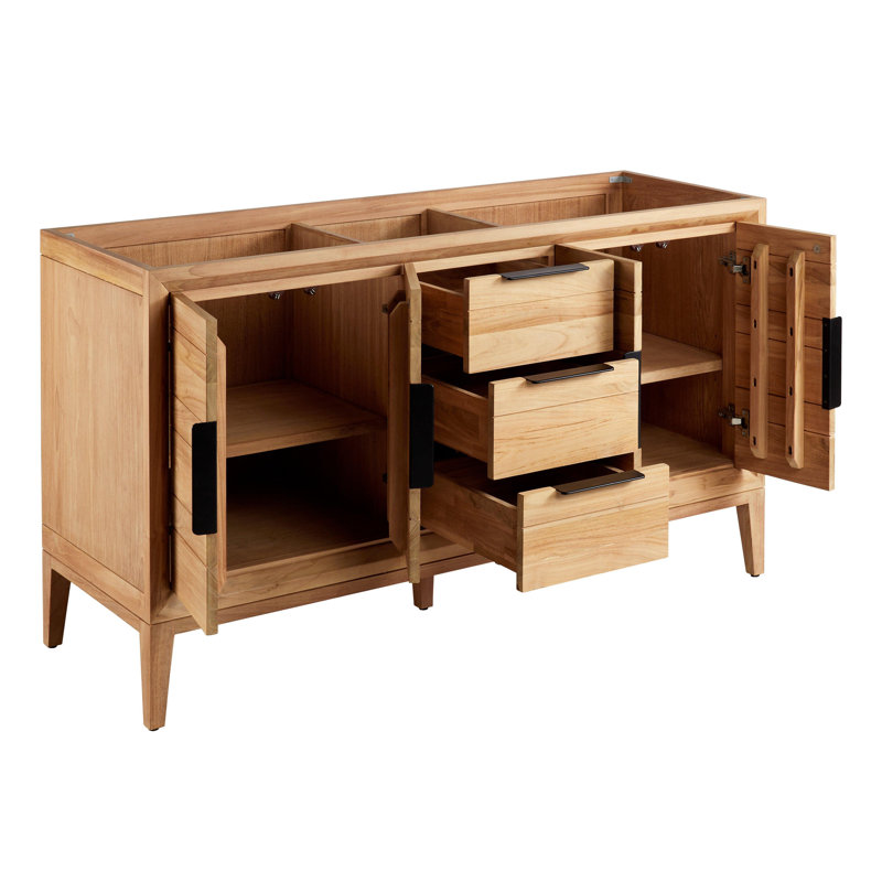 Meuble-lavabo double 60 po Aliso, Marbre de Carrare, Monocentre centré, Teck naturel