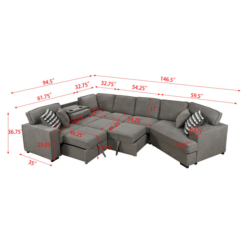 Daishae 3 - Piece Upholstered Sectional, Light Grey Polyester