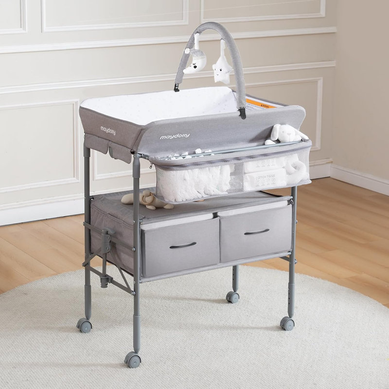 Table à langer pour bébé avec tiroirs de rangement et plateau à langer imperméable, Gris