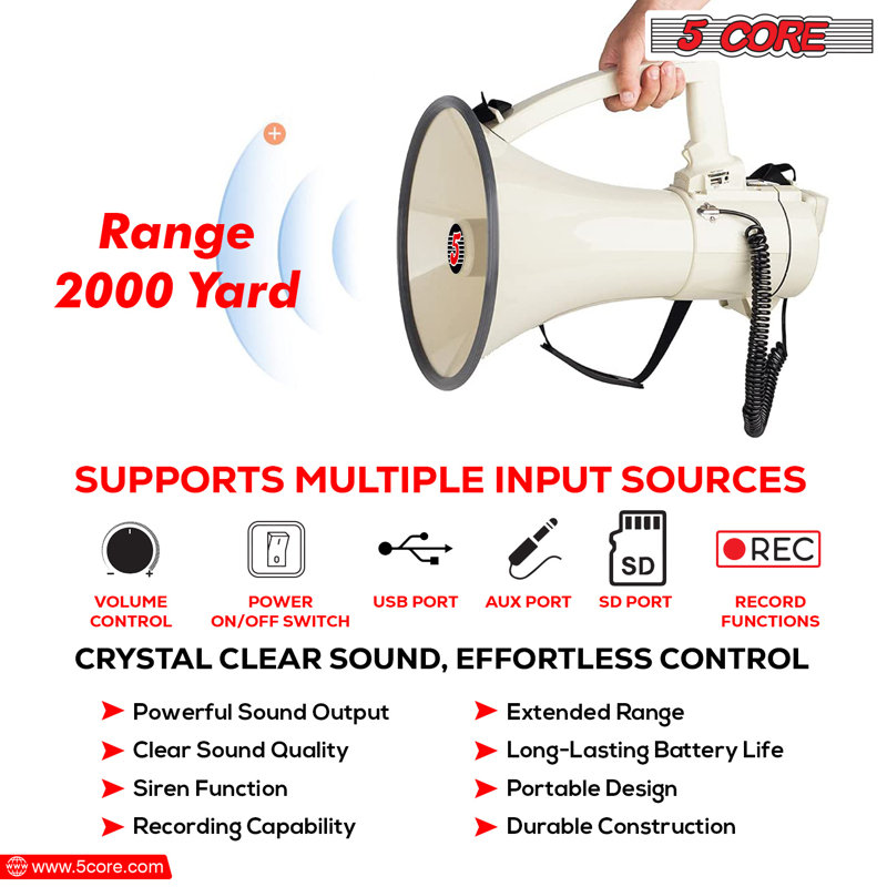 5 Core Megaphone 100W Bull Horn Professional PA Speaker w 2000 Yards Range Loud Siren Voice Amp