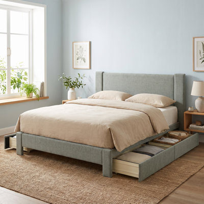 Lit plateforme capitonné minimaliste moderne avec 4 tiroirs de rangement, Queen, lin brossé bleu sarcelle