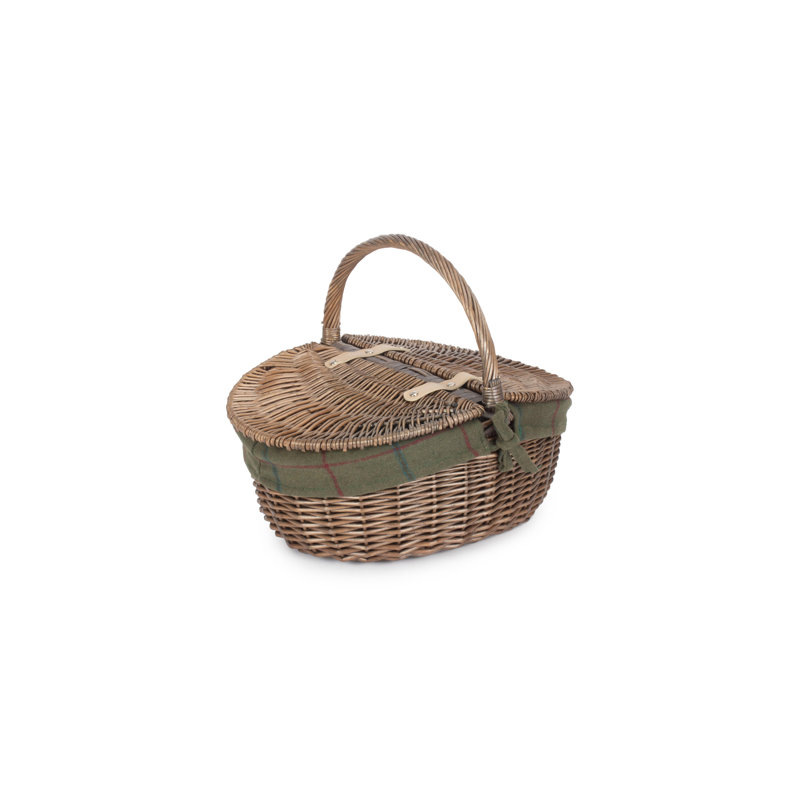 Wicker Picnic Hamper Basket with Lining, Antique Wash/Green Tweed
