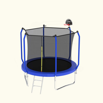 8FT Trampoline With Basketball Hoop, ASTM Approved Reinforced Type Outdoor Trampoline With Enclosure Net