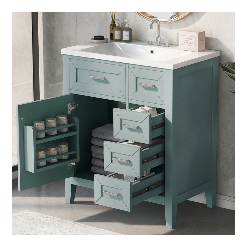 Ensemble de meuble-lavabo avec lavabo, armoire de salle de bain avec tiroirs, structure solide et panneau de fibres à densité moyenne