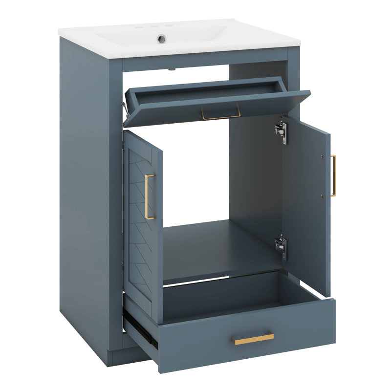 Meuble-lavabo 24 po avec lavabo, meuble-lavabo autoportant avec poignées dorées, tiroir basculant et tiroir inférieur, portes à fermeture en douceur