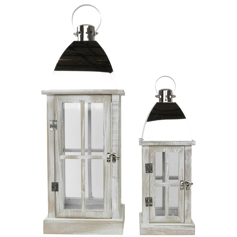 Lanternes de bougie en bois blanc antique avec plateau argenté