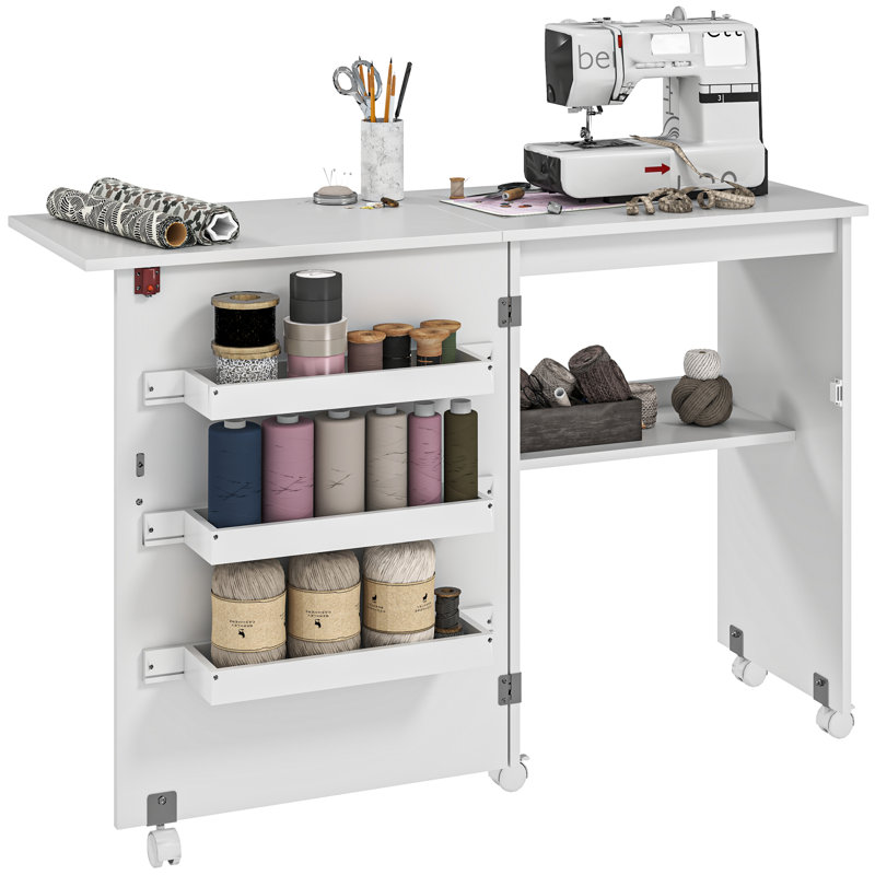 Folding Sewing Table Mobile Sewing Machine Cabinet with Shelf White