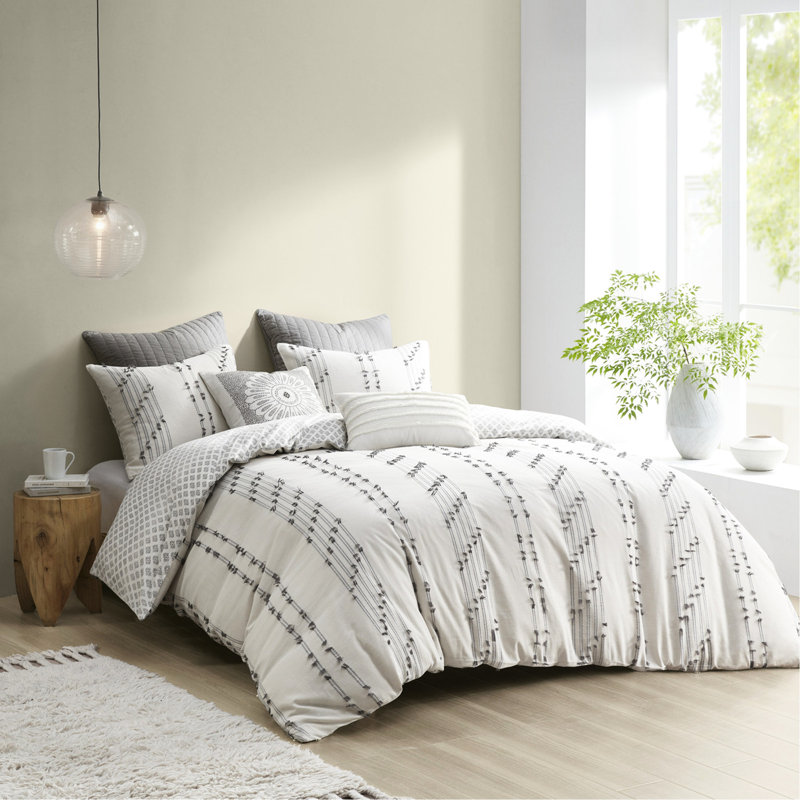 Housse de couette en coton double / grand - avec rayures brodées grises, revers imprimé, 4 attaches à rayures et attaches, lavable à la machine