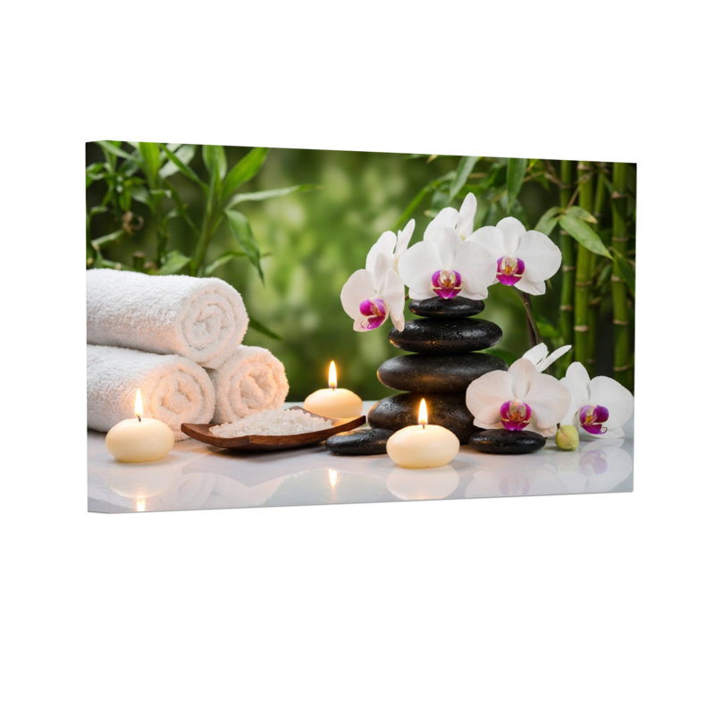 Mode, pierres, bougies, serviettes, orchidées, bambou, cadre paisible, H 24 po x l 36 po