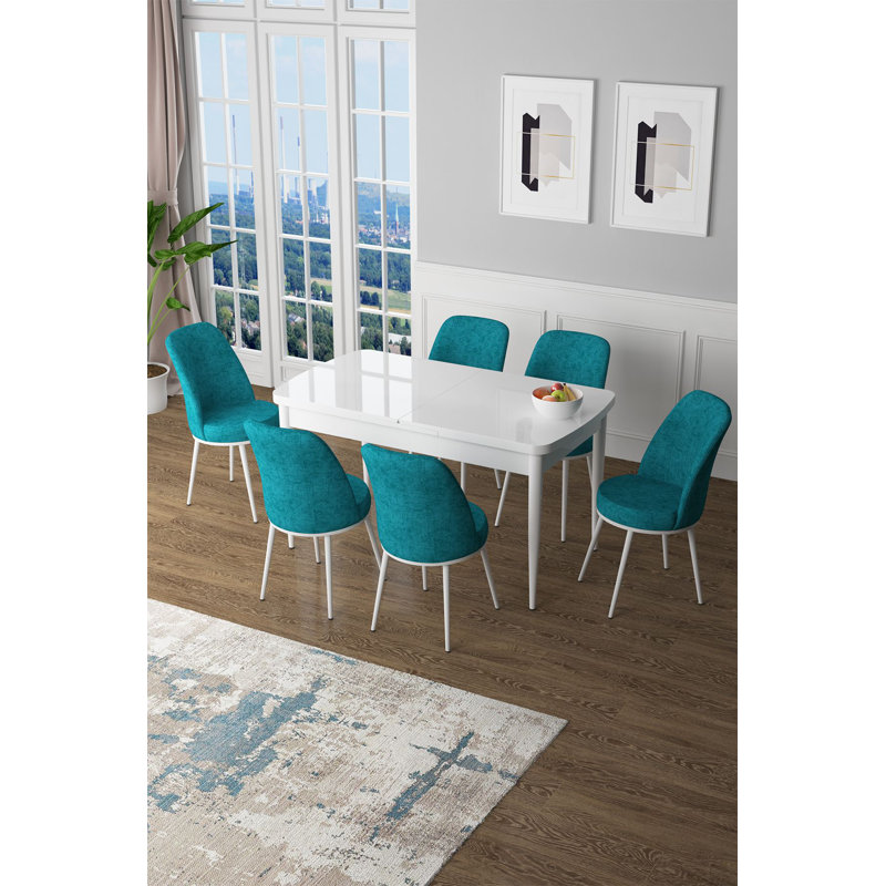 Ensemble de table et chaises de salle à manger extensible Modern (7 pièces), blanc et turquoise | 100% panneau de fibres à densité moyenne avec pieds en métal | Table: 52,0 po x 31,0 po x 30,7 po (extension: 66,9 po) | Chaises confortables en tissu Jerry (6) | Parfait pour les réunions de famille et les salles à manger