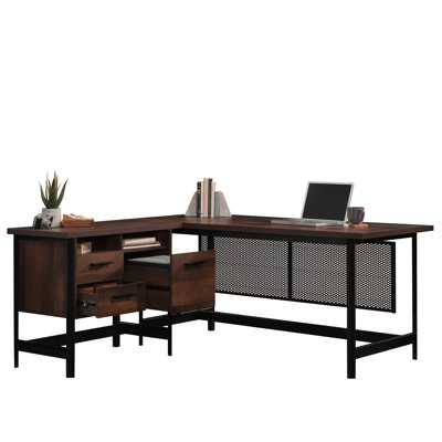 Industrial L-Shaped Computer Desk, Brown Finish
