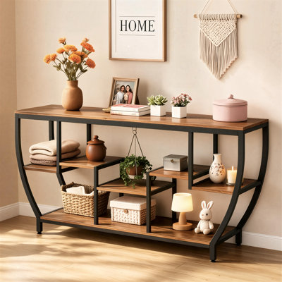 Table de style industriel de 70,8 pouces, combinant bois et fer avec tablettes de rangement, idéale pour le salon ou le couloir.