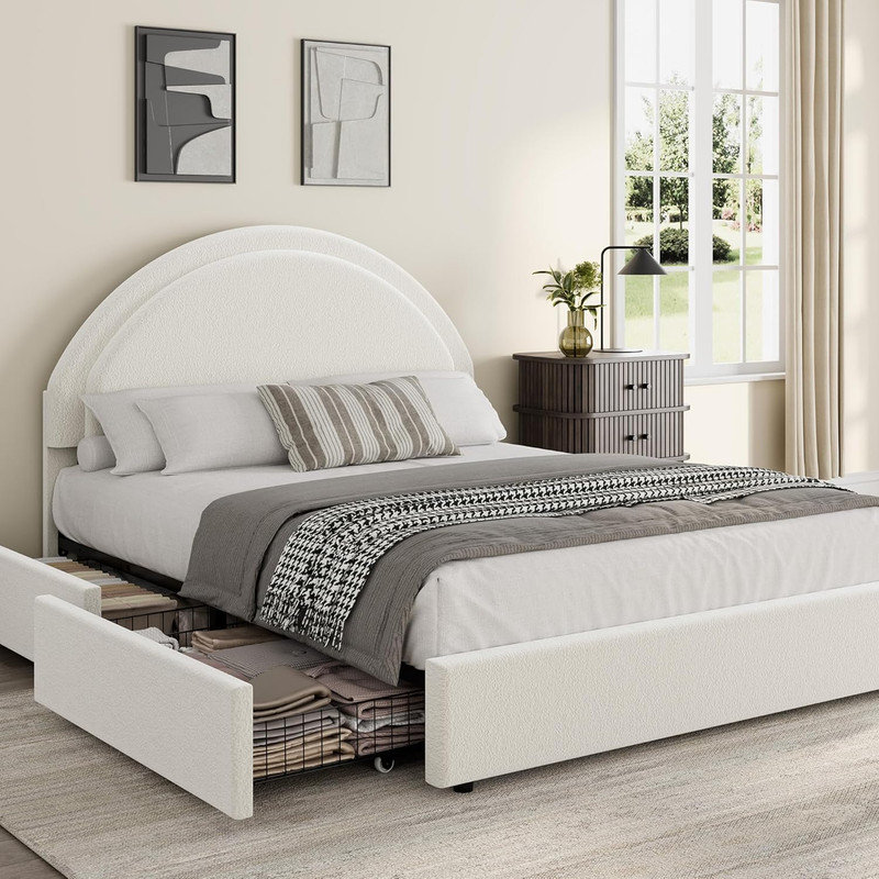 Upholstered Boucle Platform Bed with Storage Drawers & Round Headboard, Heavy Duty Noise Free, White, Full