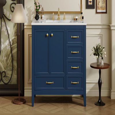 Meuble-lavabo 36 po avec lavabo, armoire de salle de bain avec porte à fermeture en douceur, 4 tiroirs de différentes tailles, structure et pieds en bois massif, un paquet, bleu